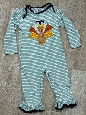 2T Girls Striped Appliqué Thanksgiving Boutique Romper EUC Three Sisters